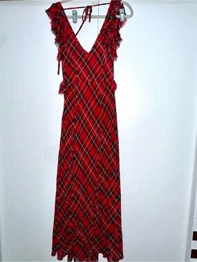Red Plaid V-Neck Maxi Dress with Ruffle Trim
